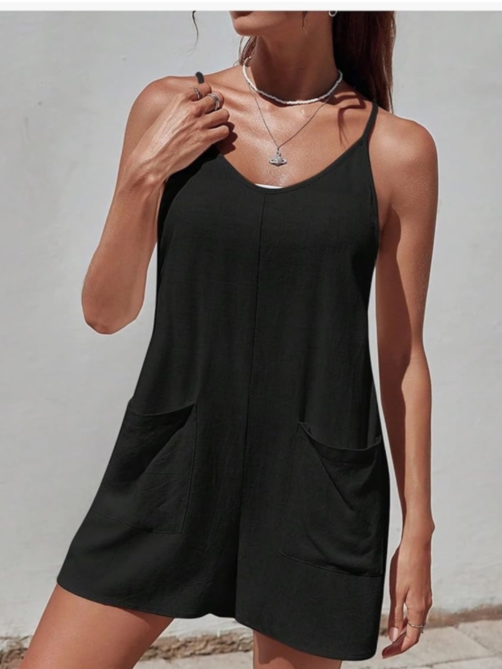 Linen Viscose Black Sleeveless Pocket Romper